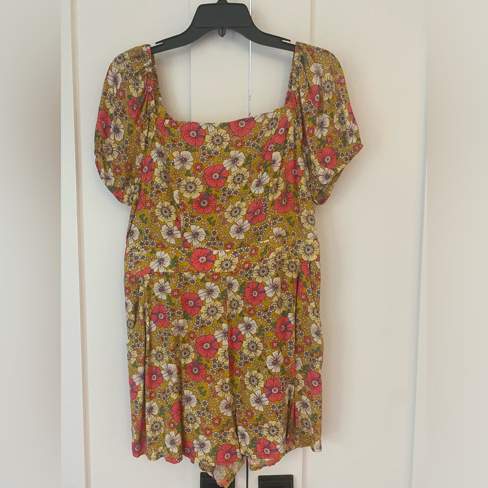 Yellow and pink rayon romper.